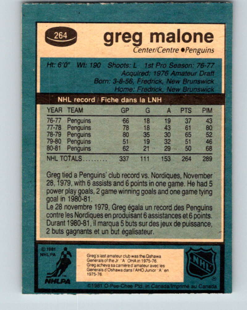 1981-82 O-Pee-Chee #264 Greg Malone  Pittsburgh Penguins  V31369