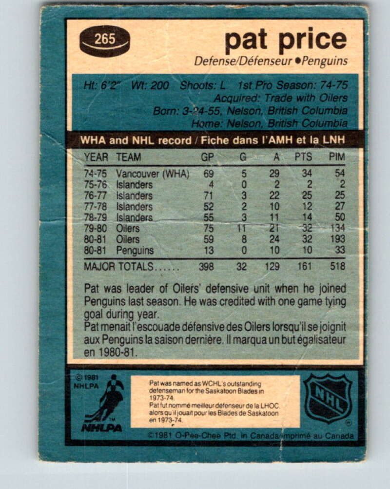 1981-82 O-Pee-Chee #265 Pat Price  Pittsburgh Penguins  V31373