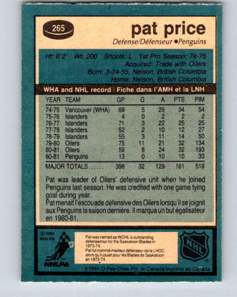 1981-82 O-Pee-Chee #265 Pat Price  Pittsburgh Penguins  V31374