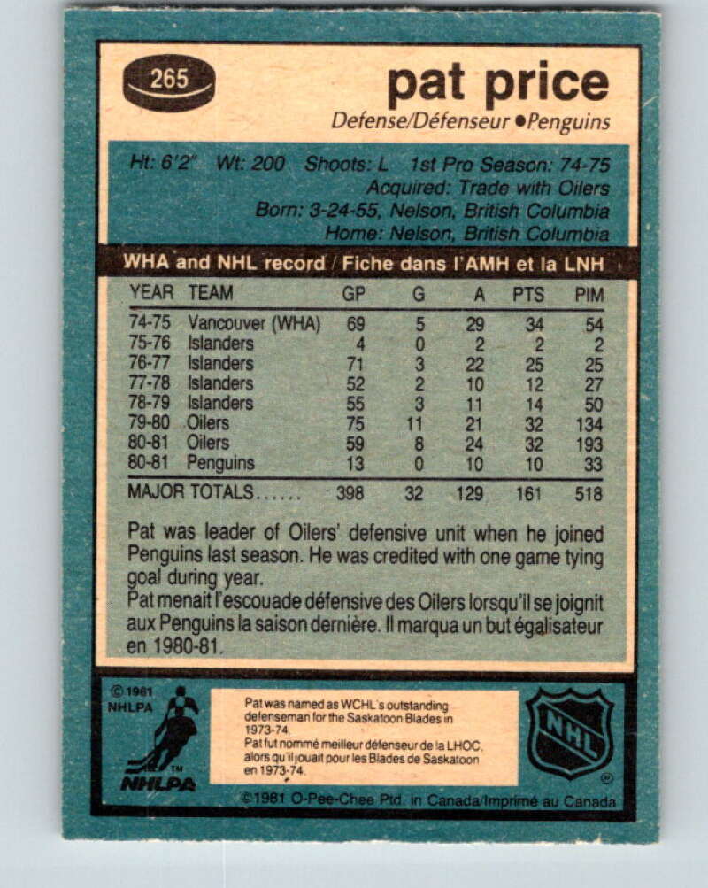 1981-82 O-Pee-Chee #265 Pat Price  Pittsburgh Penguins  V31375