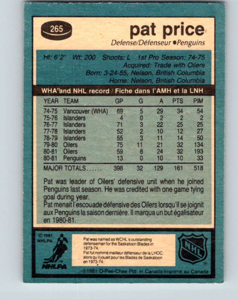 1981-82 O-Pee-Chee #265 Pat Price  Pittsburgh Penguins  V31376