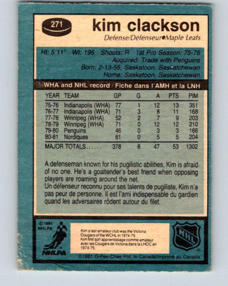 1981-82 O-Pee-Chee #271 Kim Clackson RC Rookie Maple Leafs  V31414