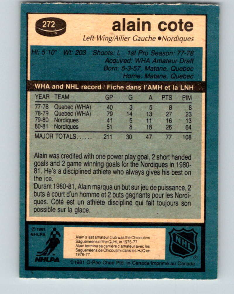 1981-82 O-Pee-Chee #272 Alain Cote  Quebec Nordiques  V31419