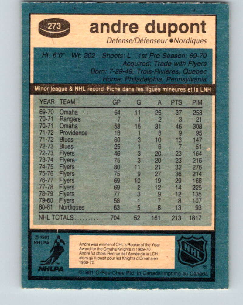 1981-82 O-Pee-Chee #273 Andre Dupont  Quebec Nordiques  V31423