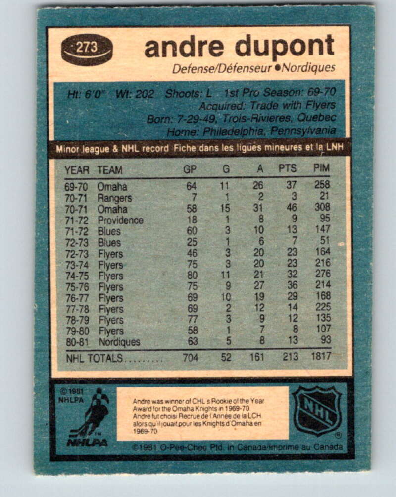 1981-82 O-Pee-Chee #273 Andre Dupont  Quebec Nordiques  V31424