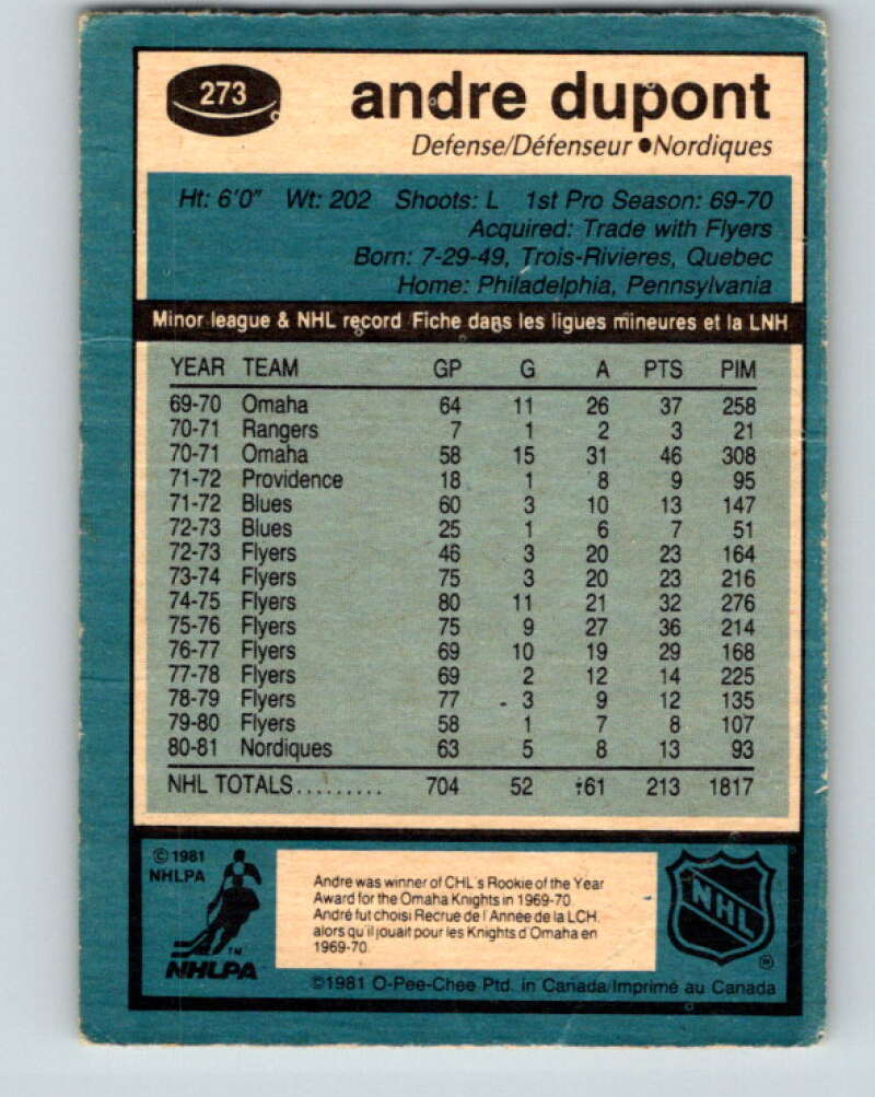 1981-82 O-Pee-Chee #273 Andre Dupont  Quebec Nordiques  V31425