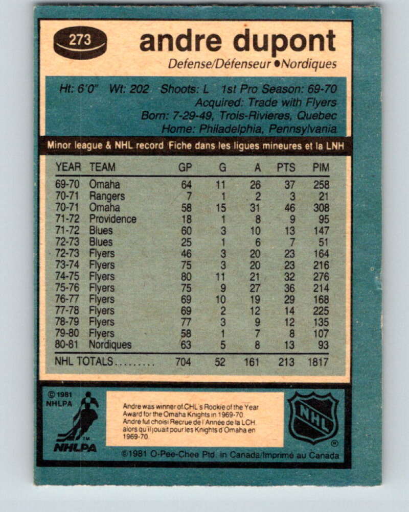 1981-82 O-Pee-Chee #273 Andre Dupont  Quebec Nordiques  V31426