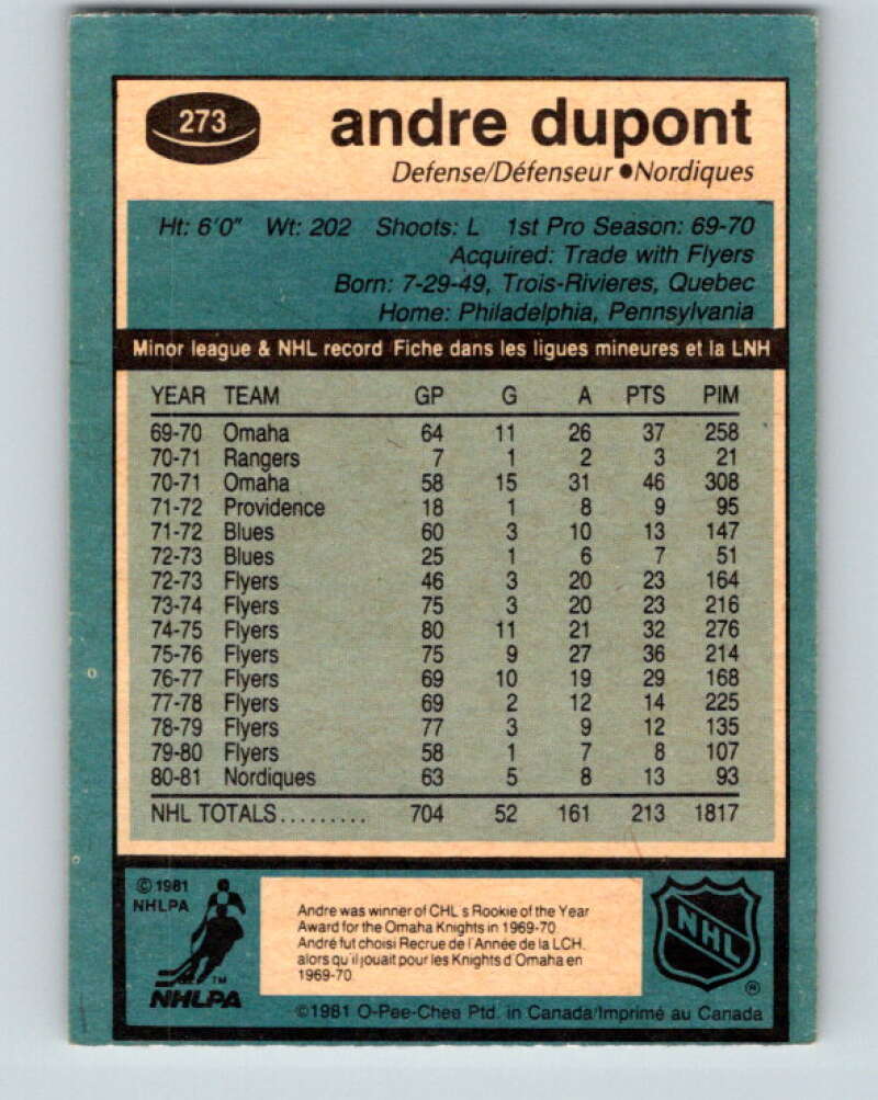 1981-82 O-Pee-Chee #273 Andre Dupont  Quebec Nordiques  V31429