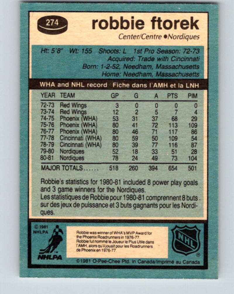 1981-82 O-Pee-Chee #274 Robbie Ftorek  Quebec Nordiques  V31430