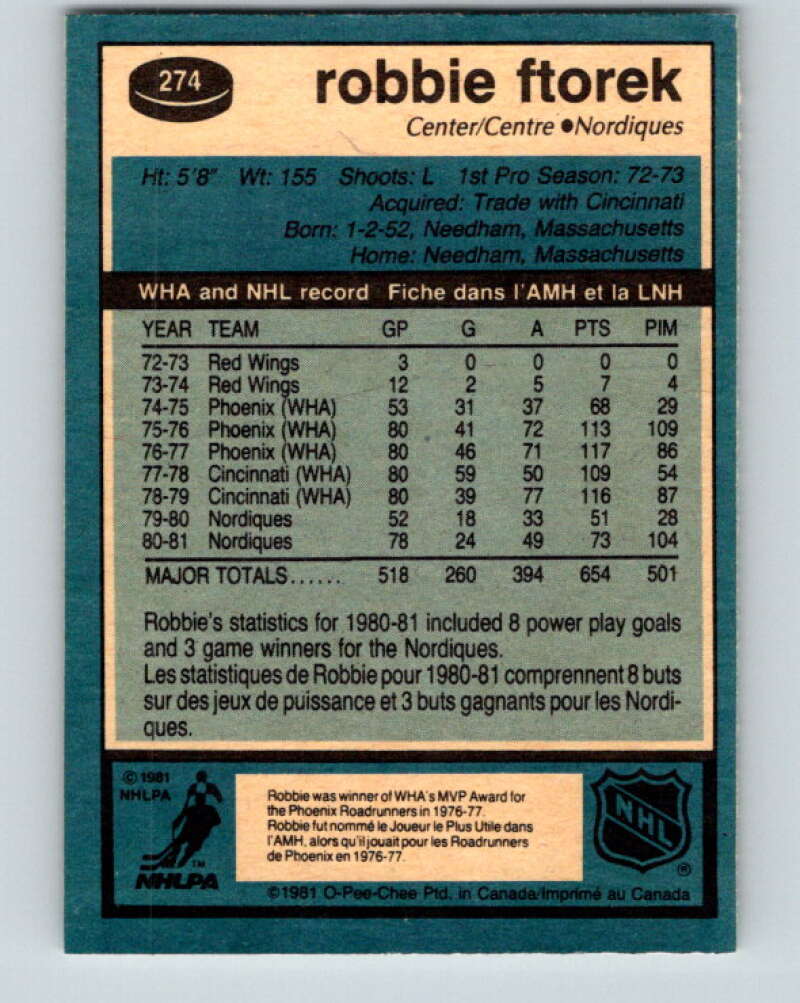 1981-82 O-Pee-Chee #274 Robbie Ftorek  Quebec Nordiques  V31433