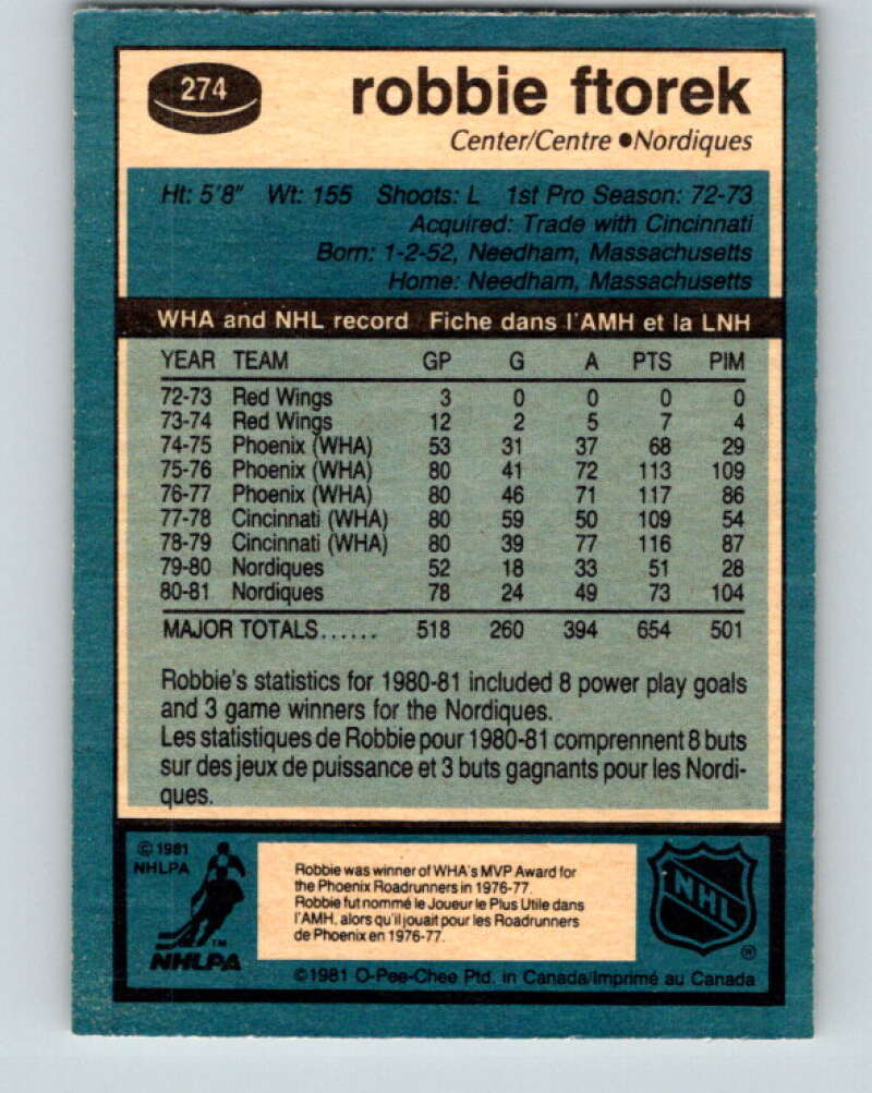 1981-82 O-Pee-Chee #274 Robbie Ftorek  Quebec Nordiques  V31434
