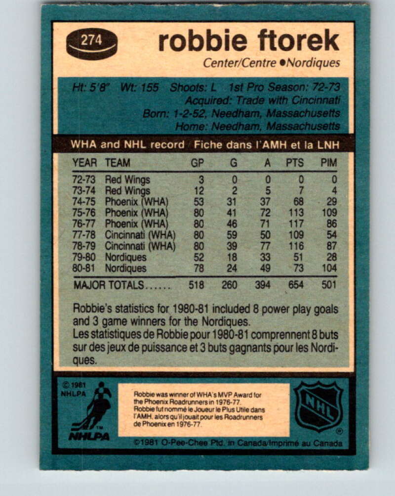 1981-82 O-Pee-Chee #274 Robbie Ftorek  Quebec Nordiques  V31435