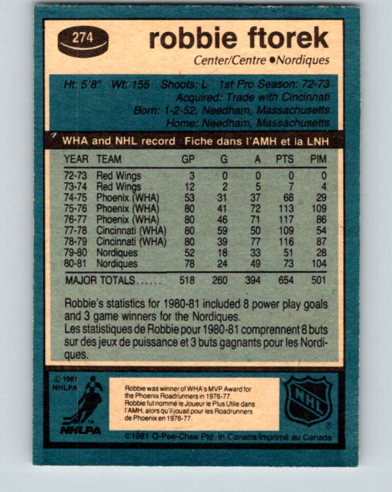 1981-82 O-Pee-Chee #274 Robbie Ftorek  Quebec Nordiques  V31436