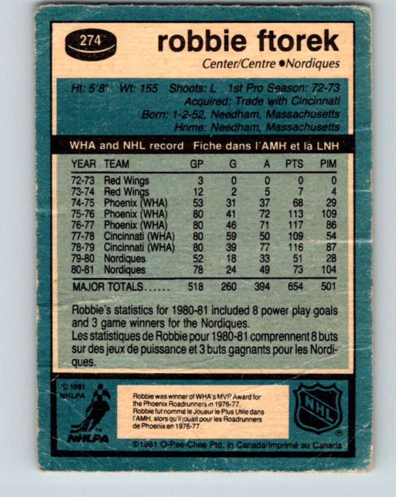 1981-82 O-Pee-Chee #274 Robbie Ftorek  Quebec Nordiques  V31437
