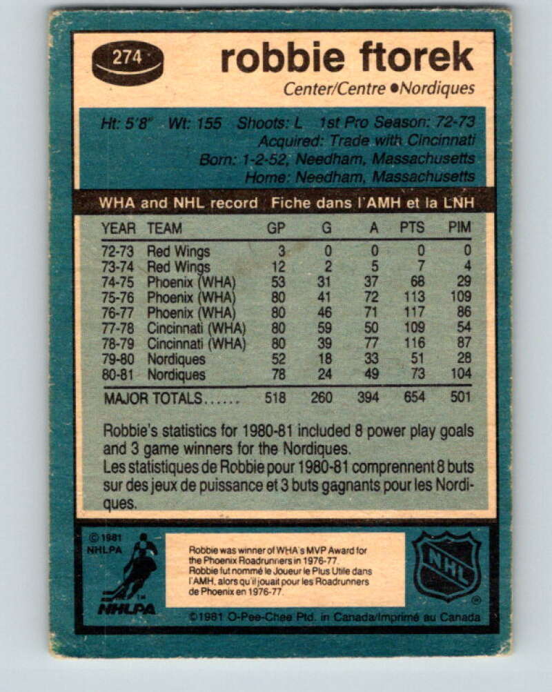 1981-82 O-Pee-Chee #274 Robbie Ftorek  Quebec Nordiques  V31438