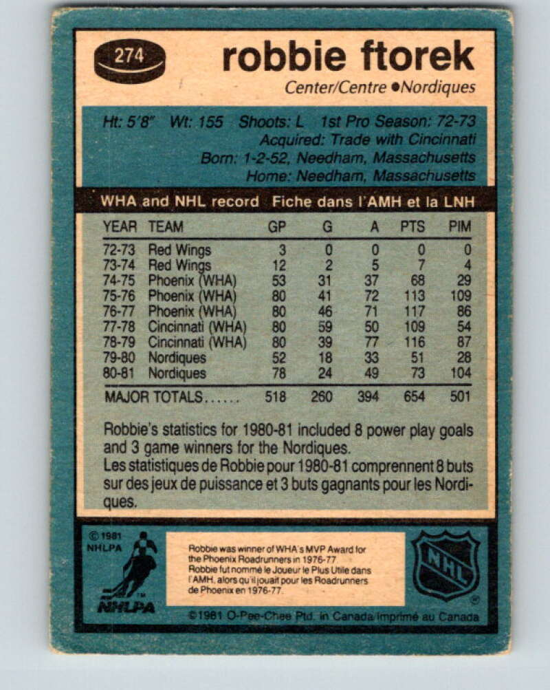 1981-82 O-Pee-Chee #274 Robbie Ftorek  Quebec Nordiques  V31439