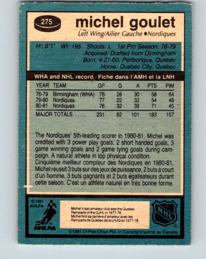 1981-82 O-Pee-Chee #275 Michel Goulet  Quebec Nordiques  V31443