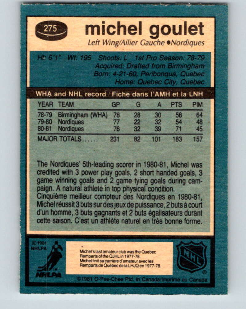 1981-82 O-Pee-Chee #275 Michel Goulet  Quebec Nordiques  V31444