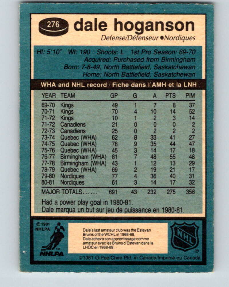 1981-82 O-Pee-Chee #276 Dale Hoganson  Quebec Nordiques  V31445