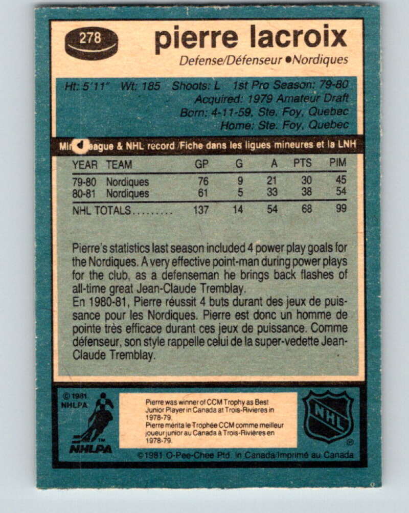 1981-82 O-Pee-Chee #278 Pierre Lacroix  RC Rookie Quebec Nordiques  V31450