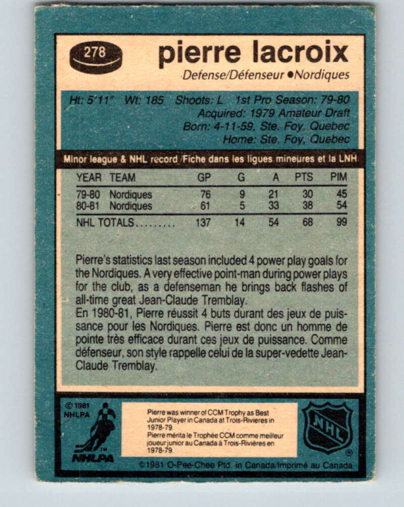 1981-82 O-Pee-Chee #278 Pierre Lacroix  RC Rookie Quebec Nordiques  V31452