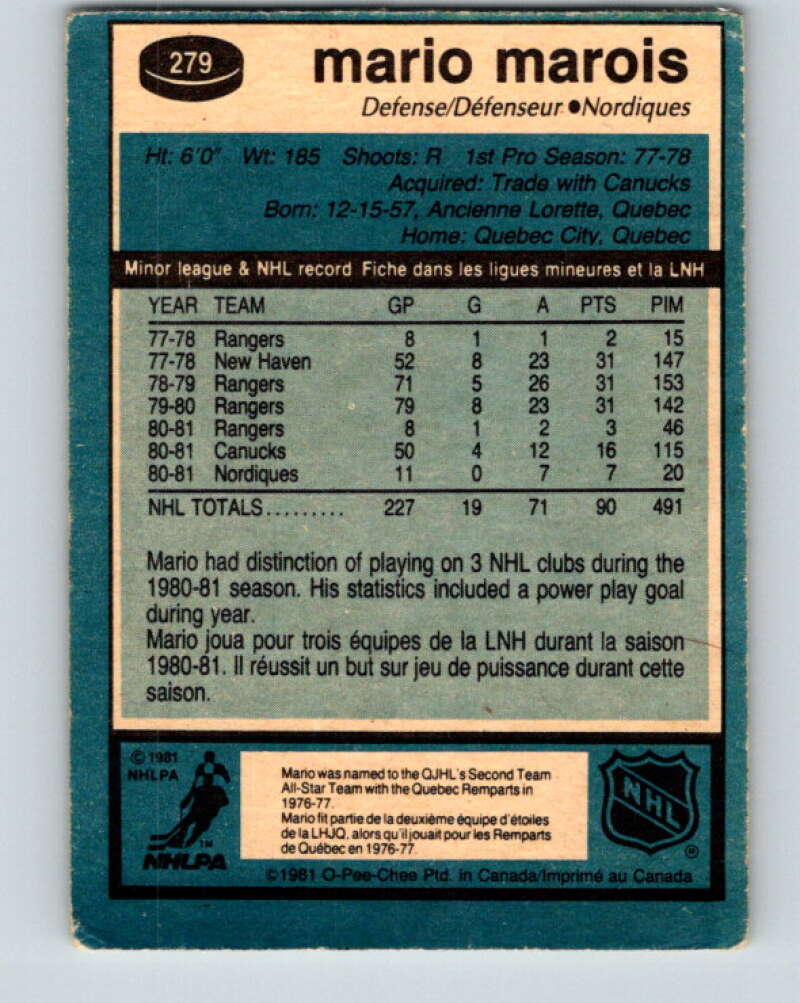 1981-82 O-Pee-Chee #279 Mario Marois  RC Rookie Quebec Nordiques  V31463