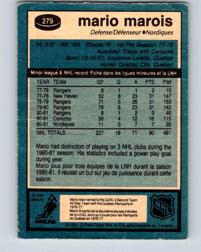1981-82 O-Pee-Chee #279 Mario Marois  RC Rookie Quebec Nordiques  V31464