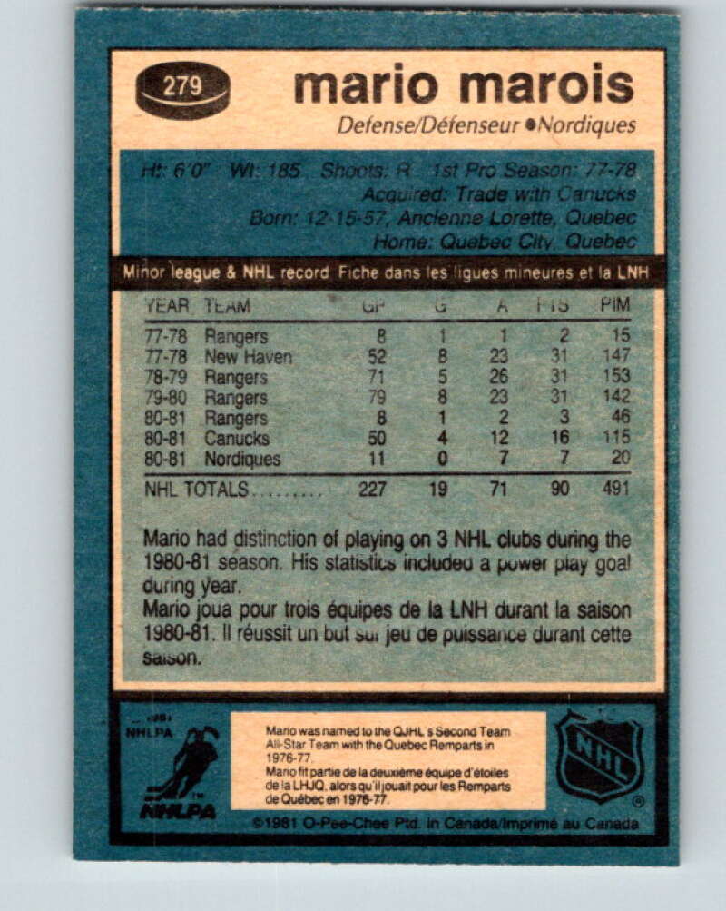 1981-82 O-Pee-Chee #279 Mario Marois  RC Rookie Quebec Nordiques  V31468