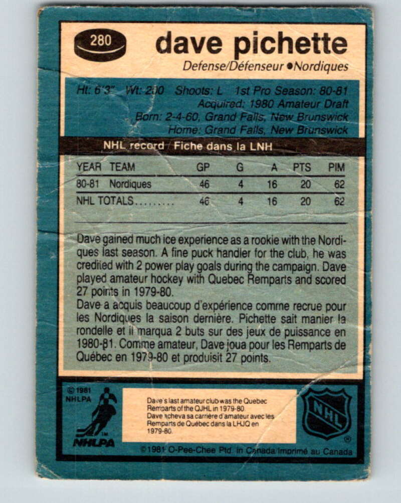 1981-82 O-Pee-Chee #280 Dave Pichette  RC Rookie Quebec Nordiques  V31471