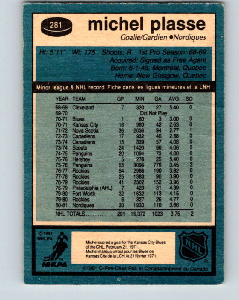 1981-82 O-Pee-Chee #281 Michel Plasse  Quebec Nordiques  V31477