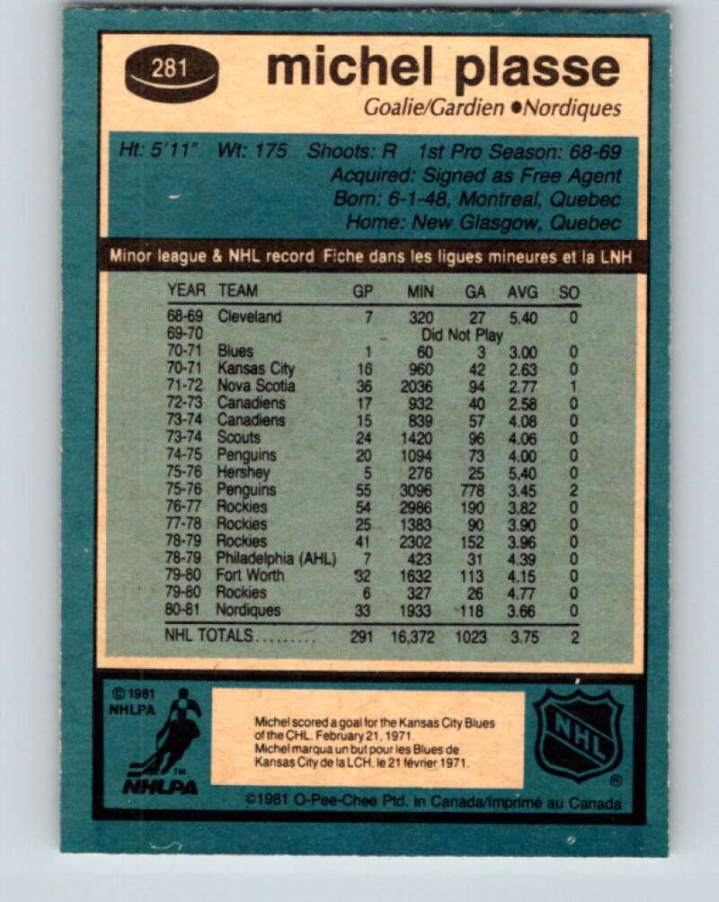 1981-82 O-Pee-Chee #281 Michel Plasse  Quebec Nordiques  V31478