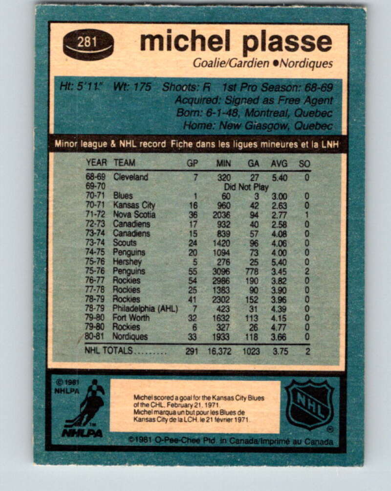 1981-82 O-Pee-Chee #281 Michel Plasse  Quebec Nordiques  V31479