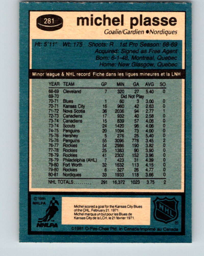 1981-82 O-Pee-Chee #281 Michel Plasse  Quebec Nordiques  V31481