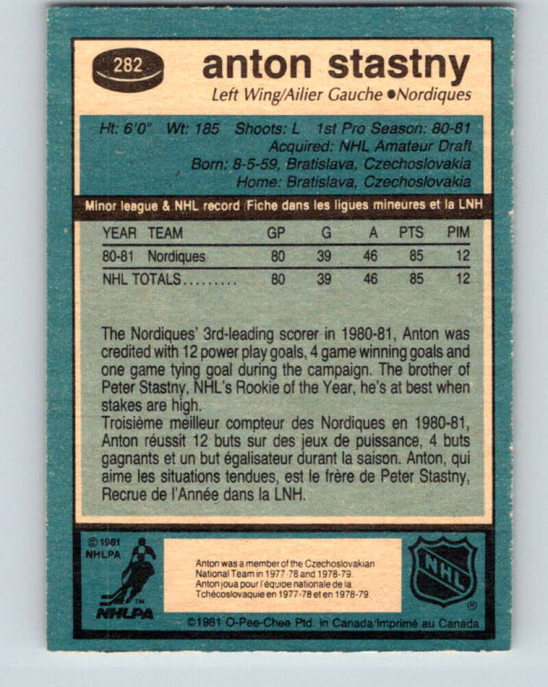 1981-82 O-Pee-Chee #282 Anton Stastny  RC Rookie Quebec Nordiques  V31485