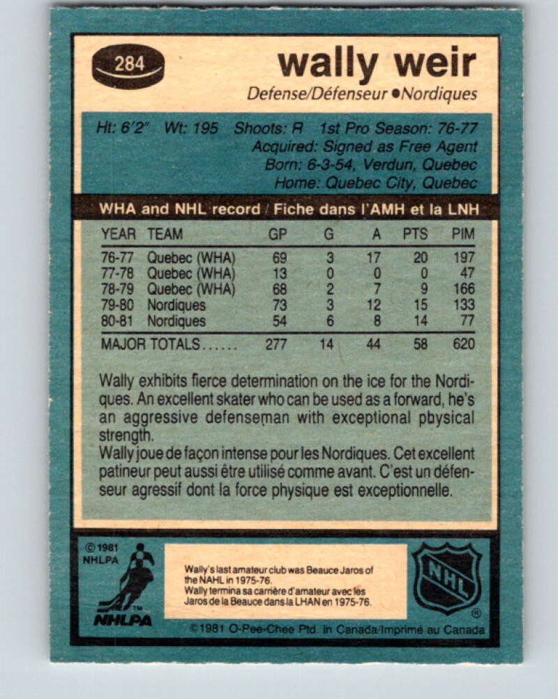 1981-82 O-Pee-Chee #284 Wally Weir  Quebec Nordiques  V31491