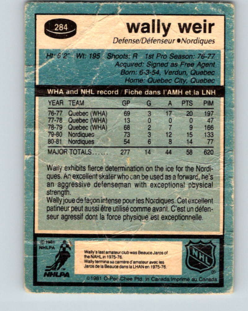 1981-82 O-Pee-Chee #284 Wally Weir  Quebec Nordiques  V31493