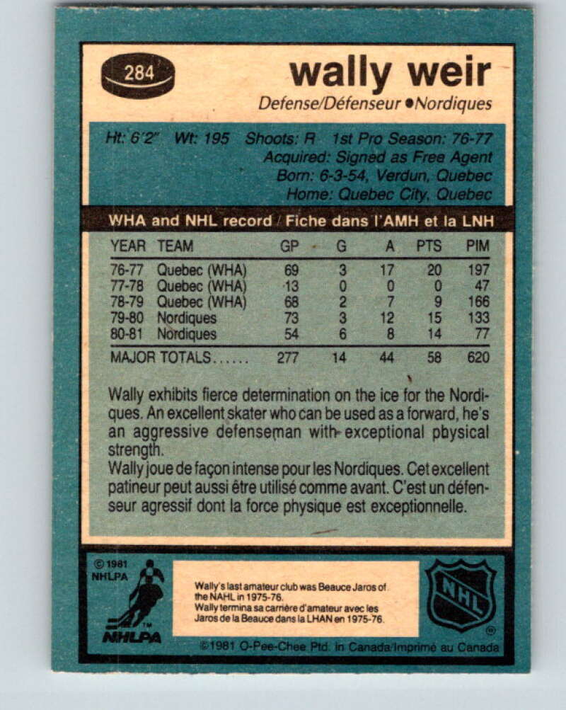 1981-82 O-Pee-Chee #284 Wally Weir  Quebec Nordiques  V31495