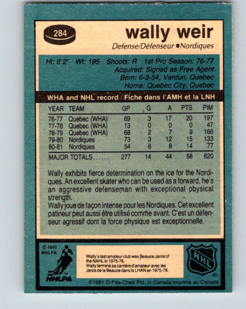 1981-82 O-Pee-Chee #284 Wally Weir  Quebec Nordiques  V31496