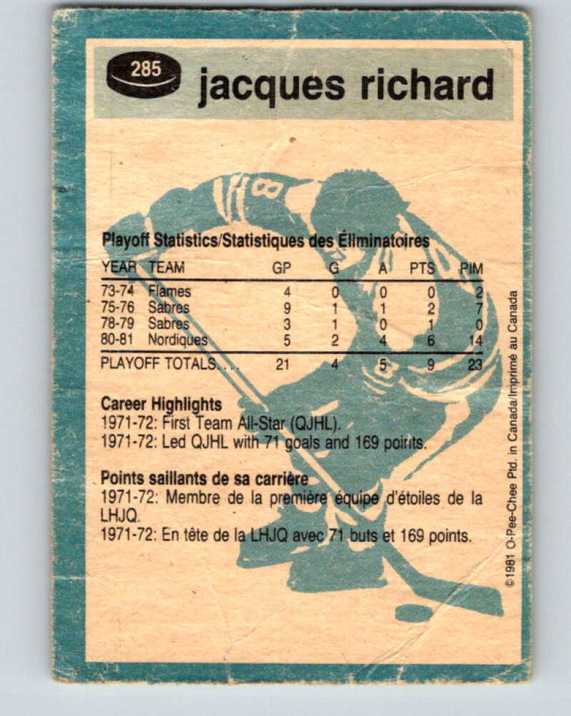 1981-82 O-Pee-Chee #285 Jacques Richard  Quebec Nordiques  V31500