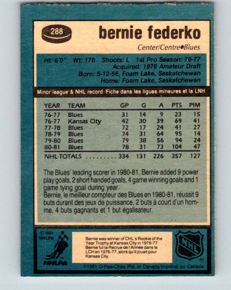 1981-82 O-Pee-Chee #288 Bernie Federko  St. Louis Blues  V31520