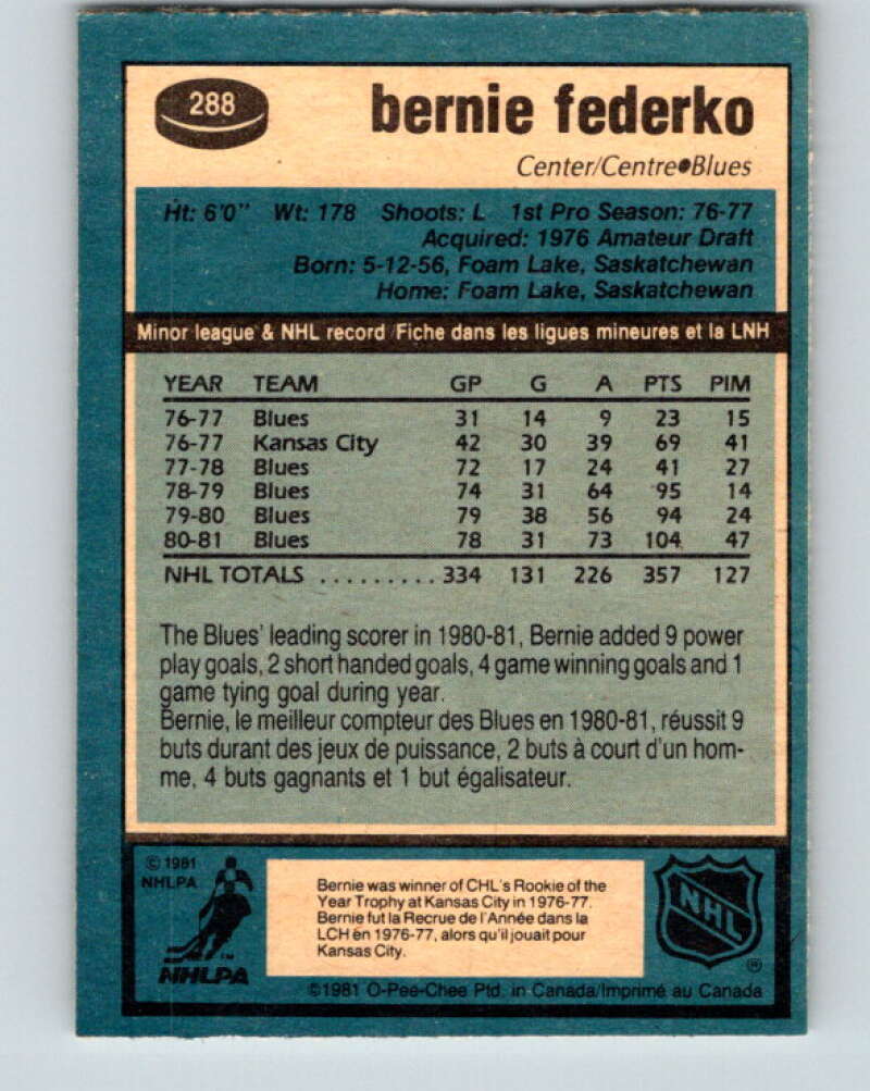 1981-82 O-Pee-Chee #288 Bernie Federko  St. Louis Blues  V31521