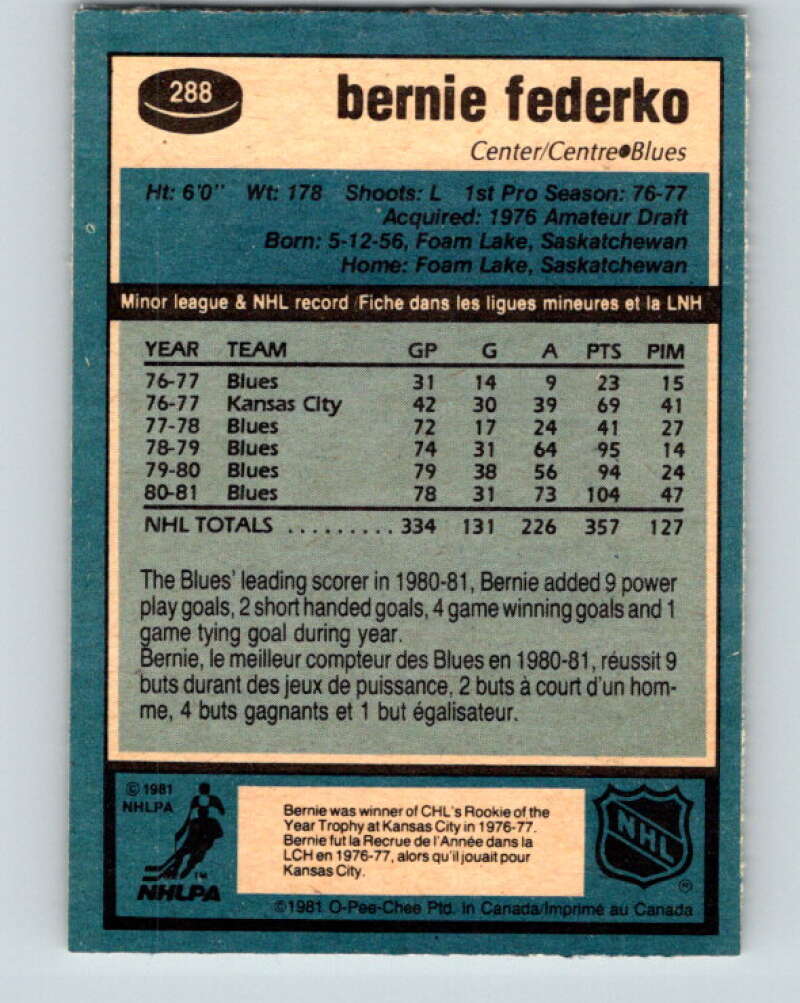 1981-82 O-Pee-Chee #288 Bernie Federko  St. Louis Blues  V31523