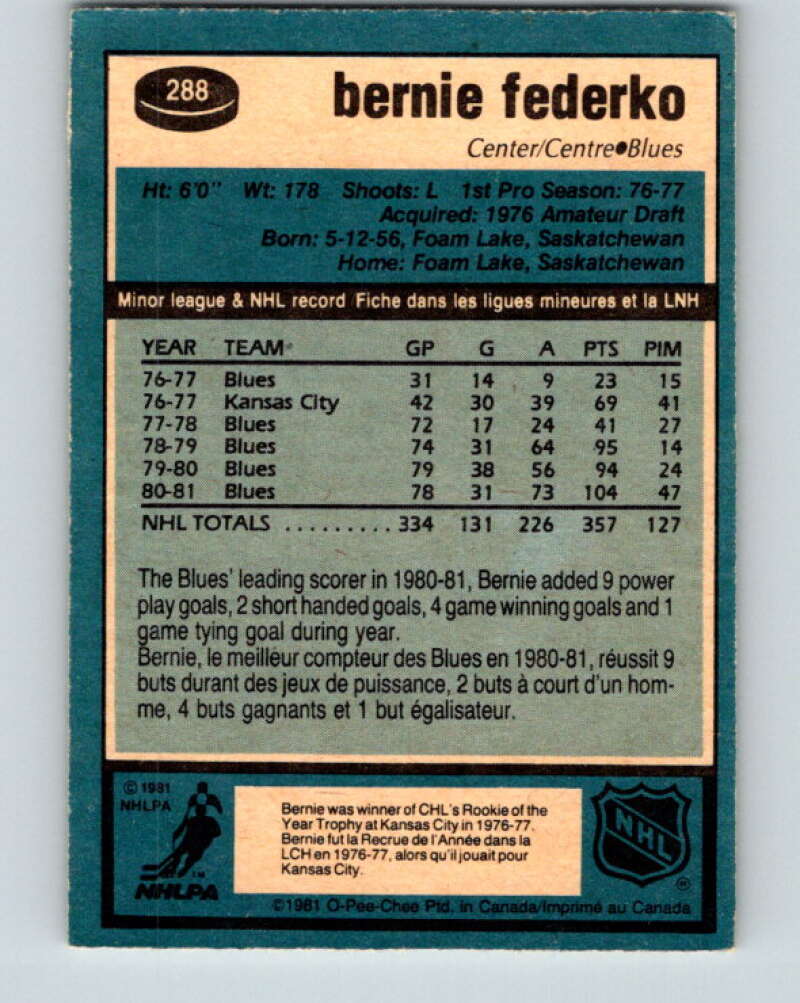 1981-82 O-Pee-Chee #288 Bernie Federko  St. Louis Blues  V31524