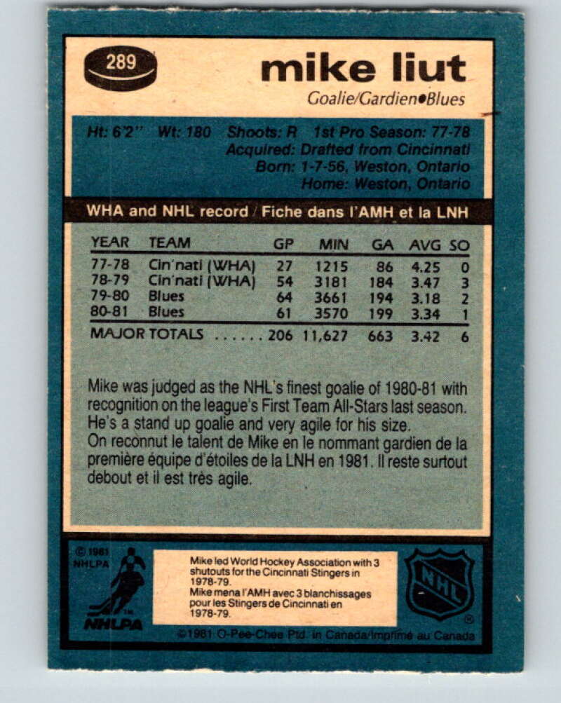 1981-82 O-Pee-Chee #289 Mike Liut  St. Louis Blues  V31525