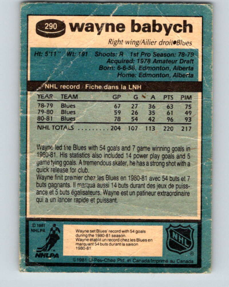 1981-82 O-Pee-Chee #290 Wayne Babych  St. Louis Blues  V31530