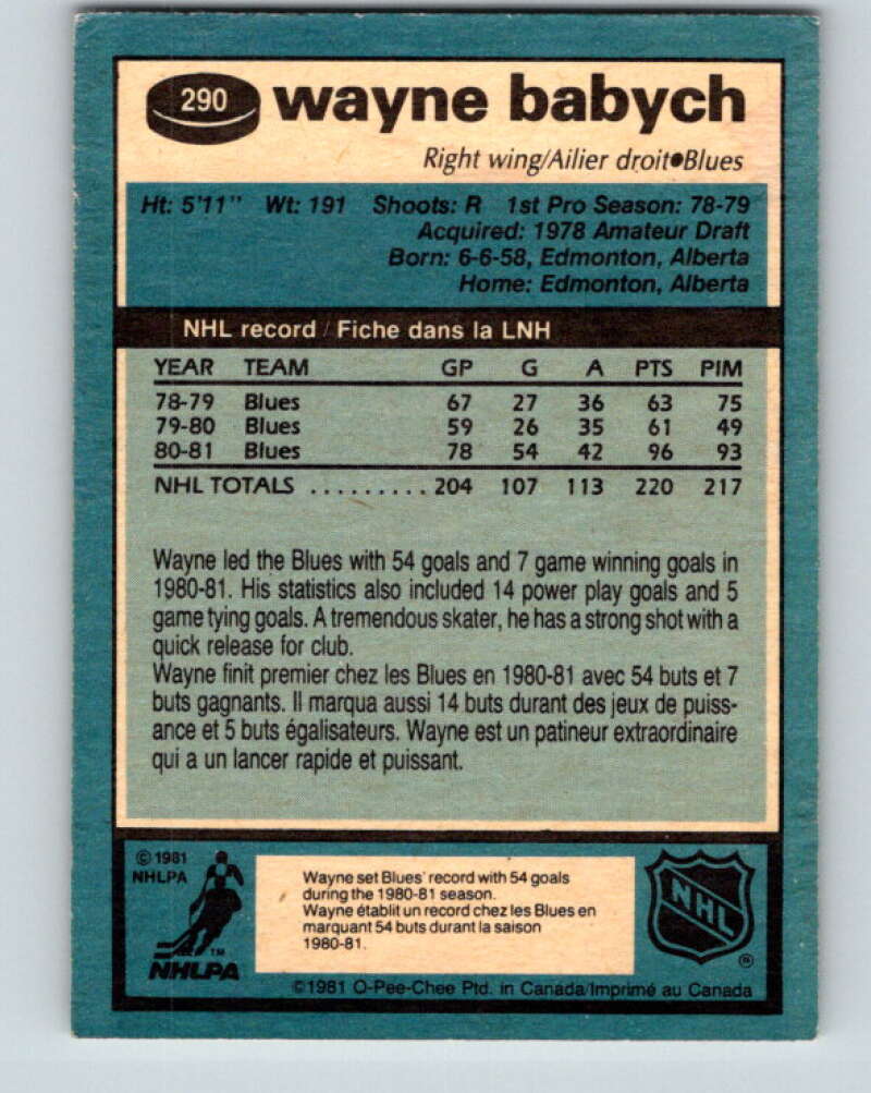 1981-82 O-Pee-Chee #290 Wayne Babych  St. Louis Blues  V31535