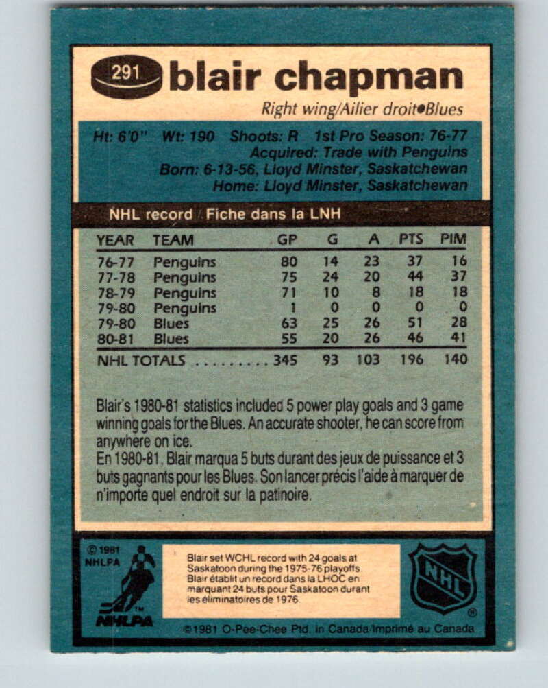 1981-82 O-Pee-Chee #291 Blair Chapman  St. Louis Blues  V31537