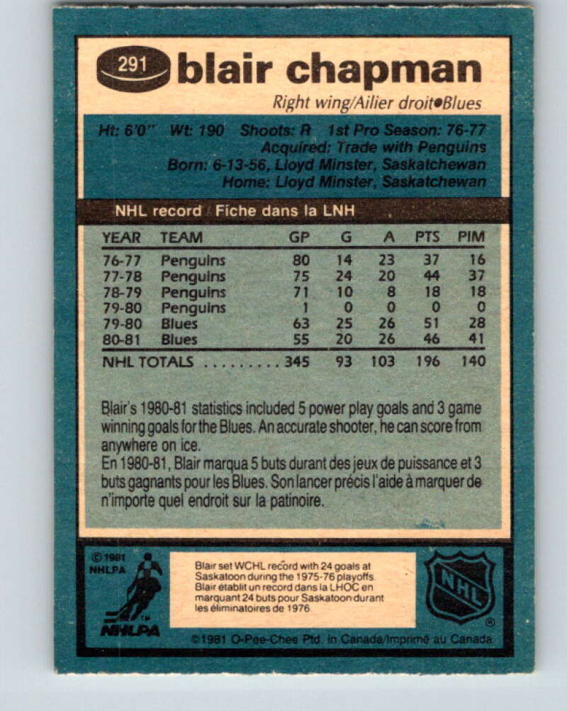 1981-82 O-Pee-Chee #291 Blair Chapman  St. Louis Blues  V31538