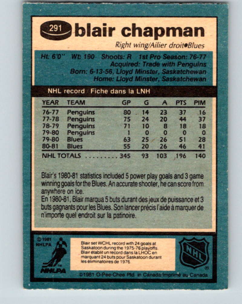 1981-82 O-Pee-Chee #291 Blair Chapman  St. Louis Blues  V31542