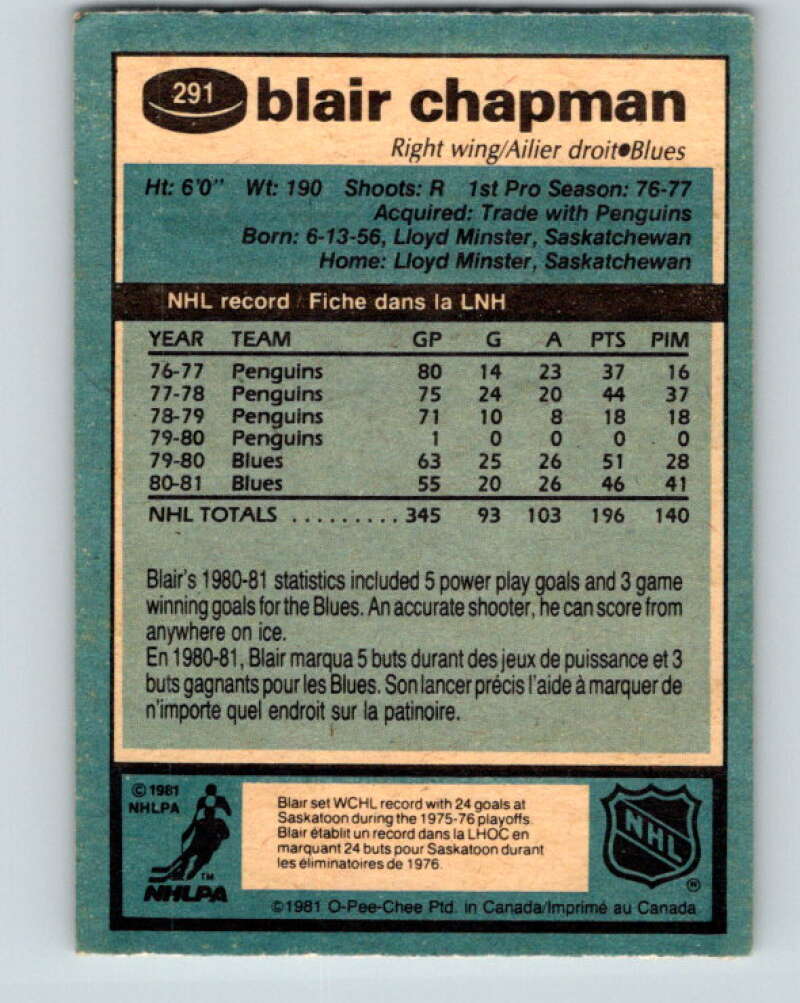 1981-82 O-Pee-Chee #291 Blair Chapman  St. Louis Blues  V31544